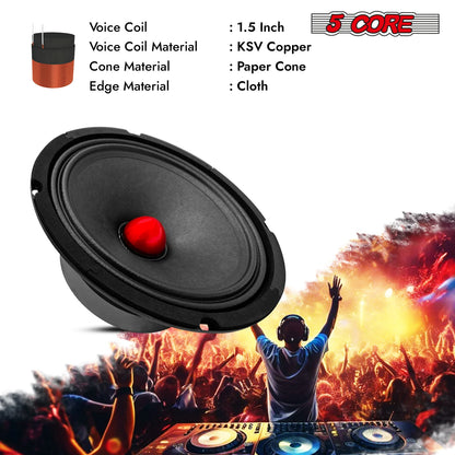 5Core 8 Inch Midrange Door Speaker 580W PMPO Subwoofer W Aluminum Bullet 8O Sub Woofer