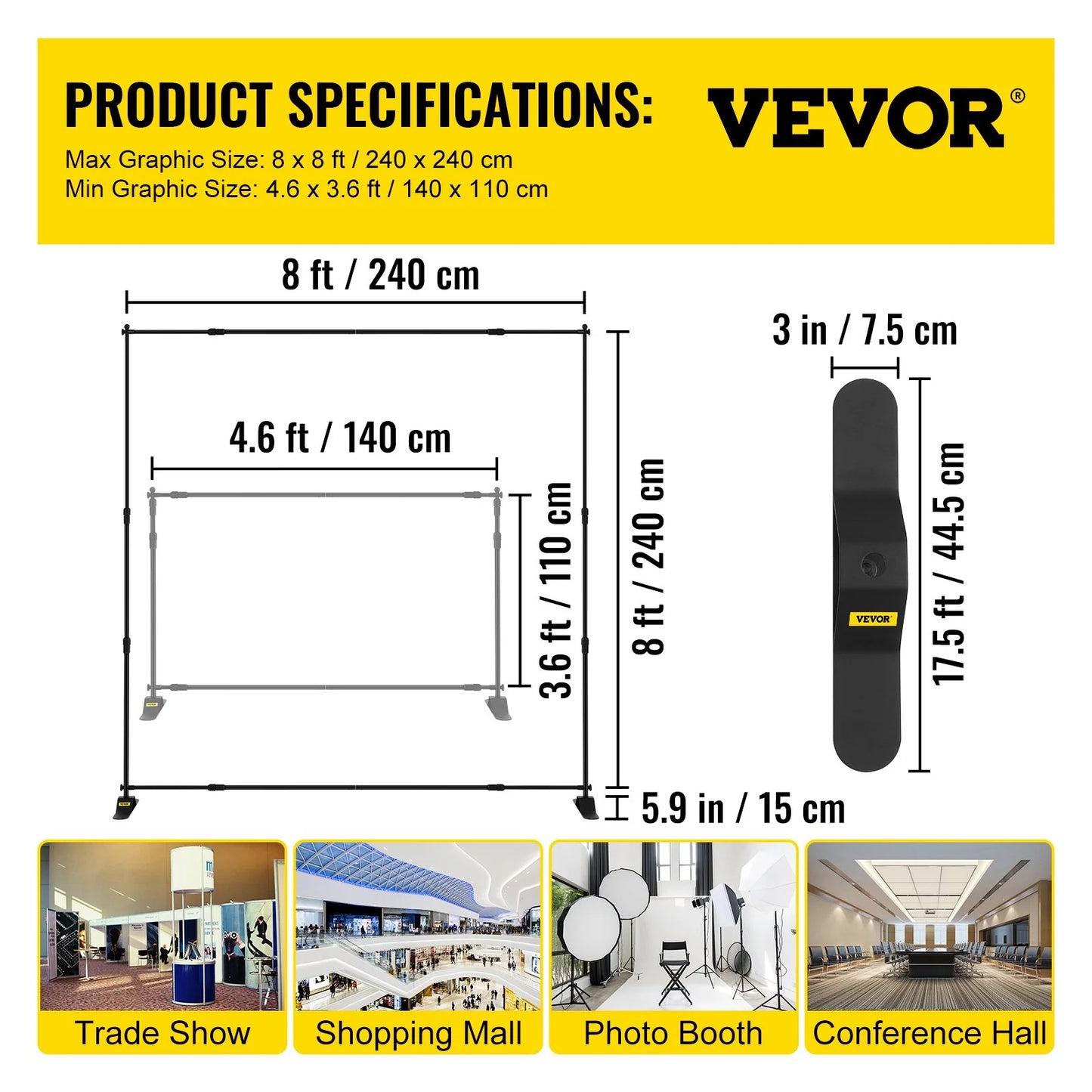VEVOR Adjustable Telescopic Backdrop Banner Stand, 8' x 8' Retractable Display with Carrying Bag