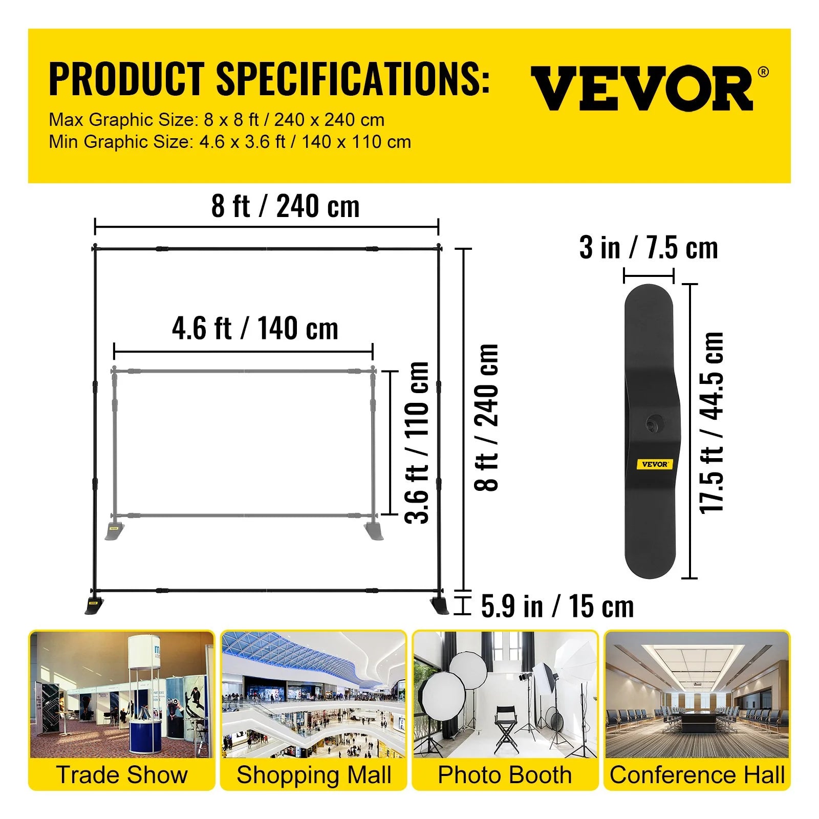 VEVOR Adjustable Telescopic Backdrop Banner Stand, 8' x 8' Retractable Display with Carrying Bag