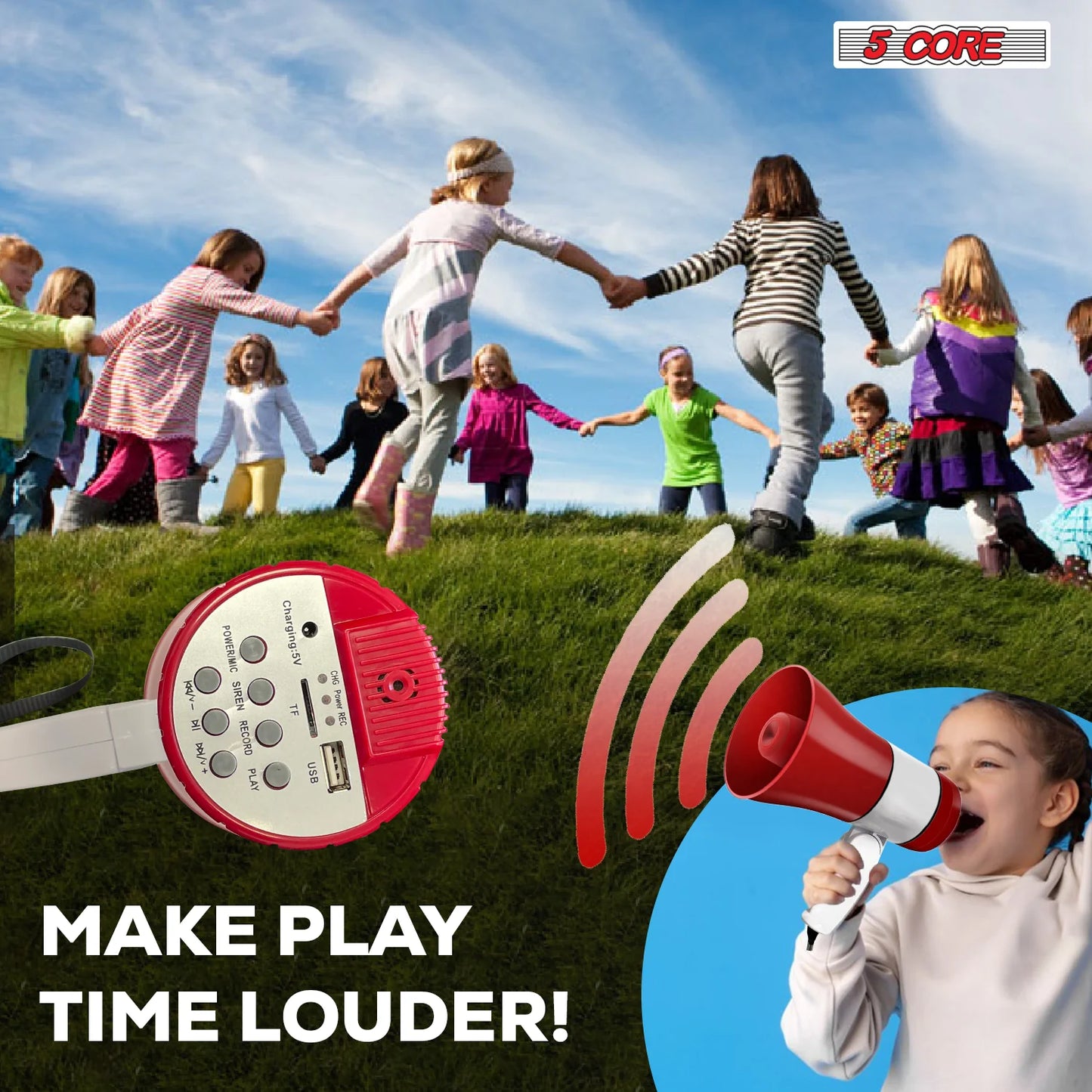 5 Core Megaphone Bullhorn Speaker 30W Bull Horn Rechargeable Cheer Megafono 800 Yards