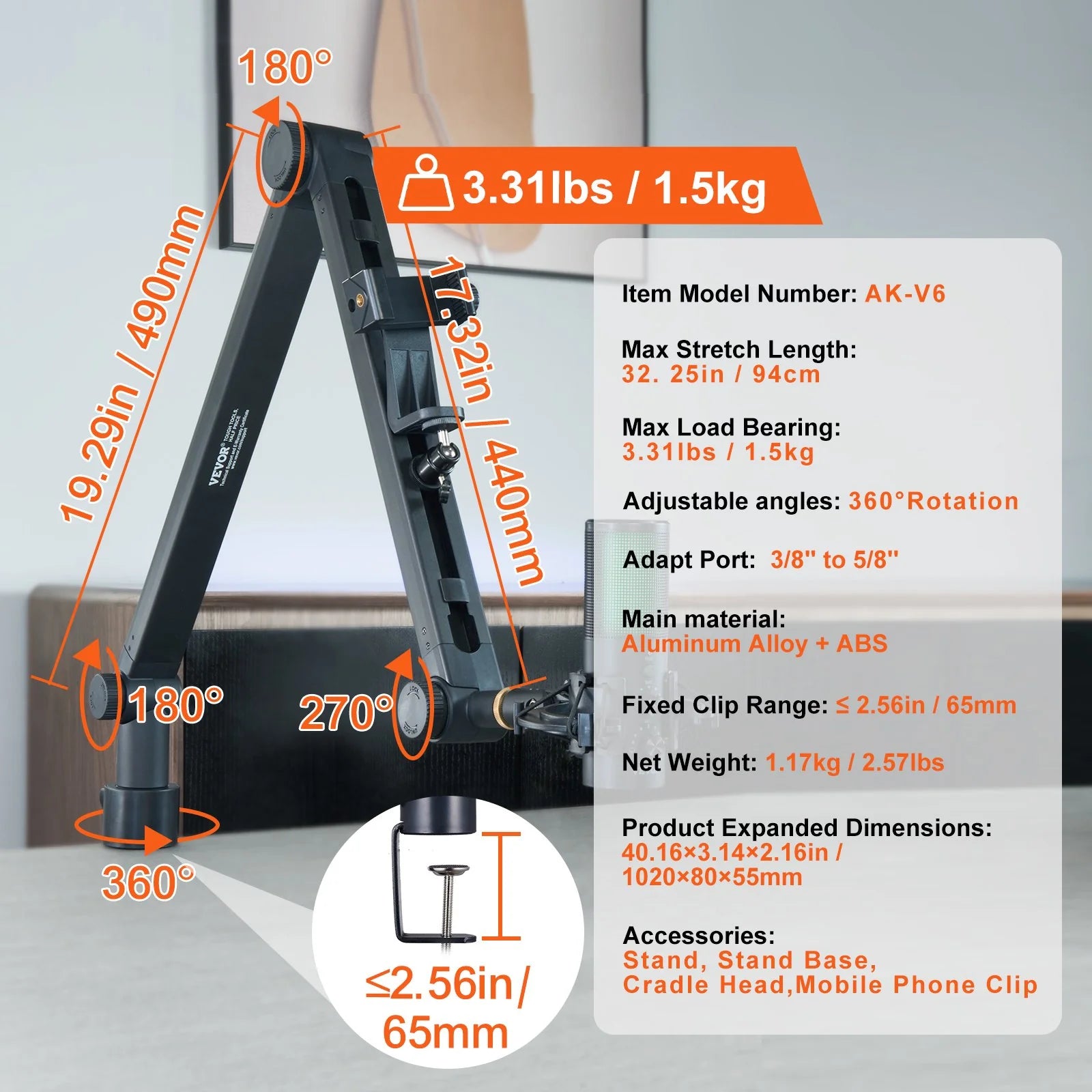 VEVOR Adjustable Microphone Boom Arm with Desk Mount, 360° Rotatable Stand and 3/8 to 5/8 Adapter, Compatible with Blue Yeti, HyperX QuadCast, Blue Snowball, Shure SM7B, and Audio Technica