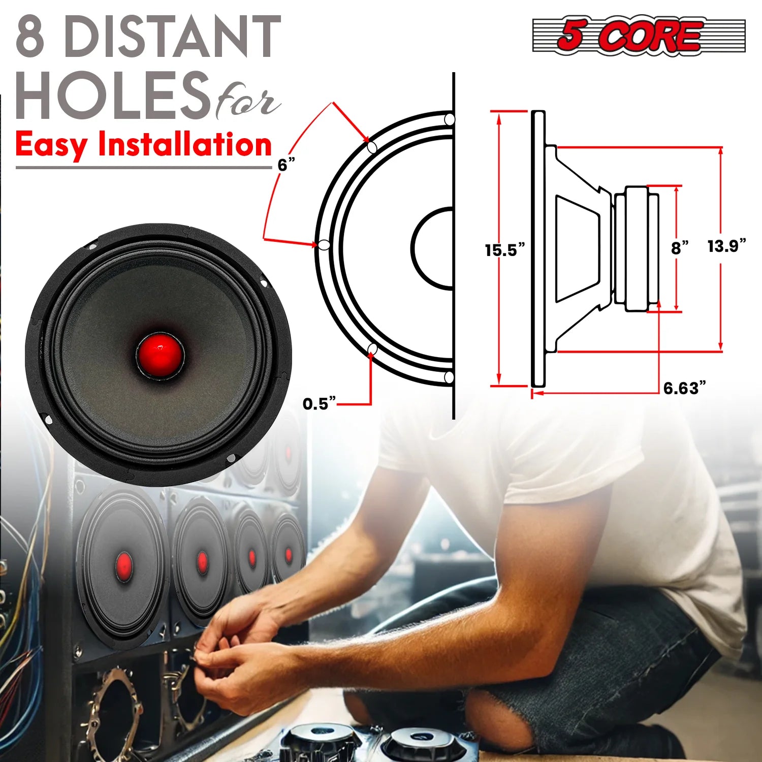 5Core 8 Inch Midrange Door Speaker 580W PMPO Subwoofer W Aluminum Bullet 8O Sub Woofer