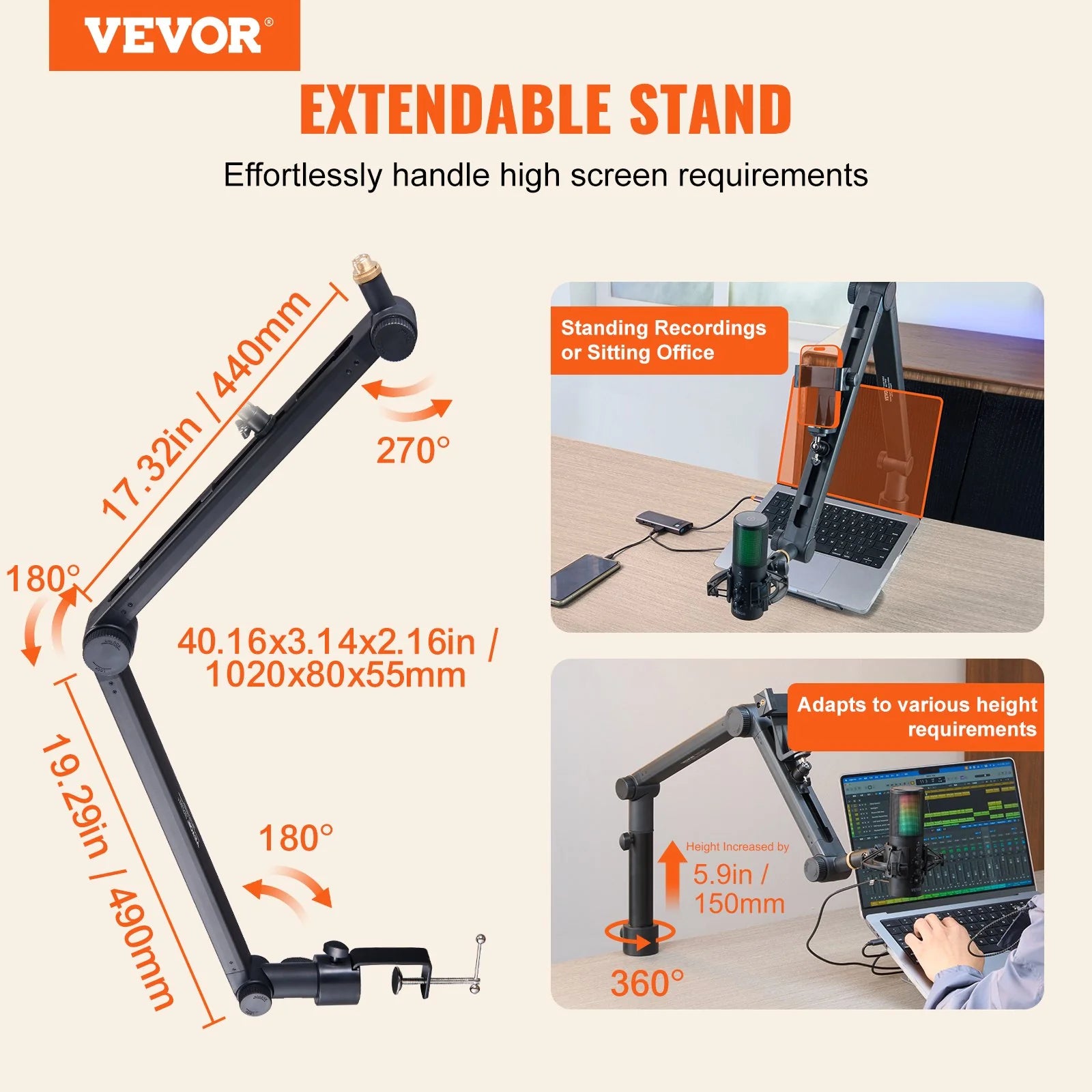 VEVOR Adjustable Microphone Boom Arm with Desk Mount, 360° Rotatable Stand and 3/8 to 5/8 Adapter, Compatible with Blue Yeti, HyperX QuadCast, Blue Snowball, Shure SM7B, and Audio Technica