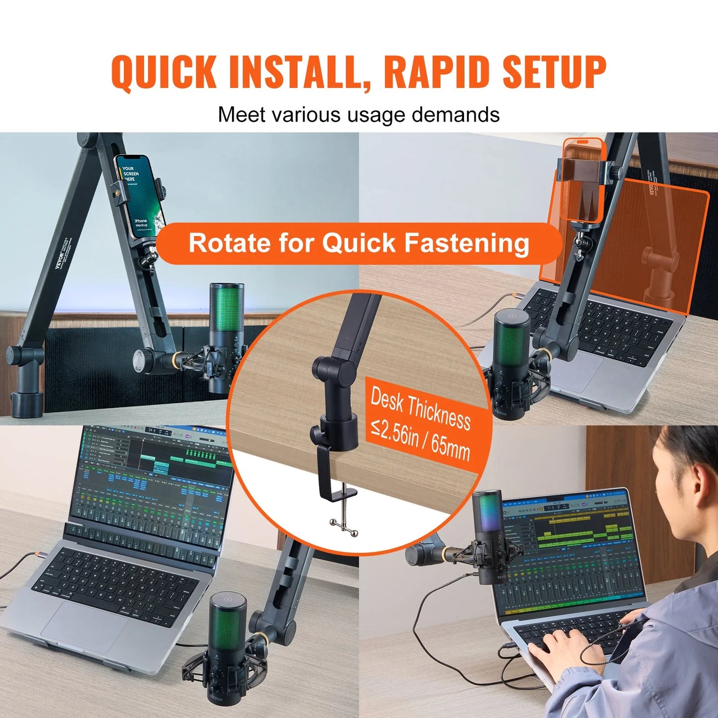 VEVOR Adjustable Microphone Boom Arm with Desk Mount, 360° Rotatable Stand and 3/8 to 5/8 Adapter, Compatible with Blue Yeti, HyperX QuadCast, Blue Snowball, Shure SM7B, and Audio Technica