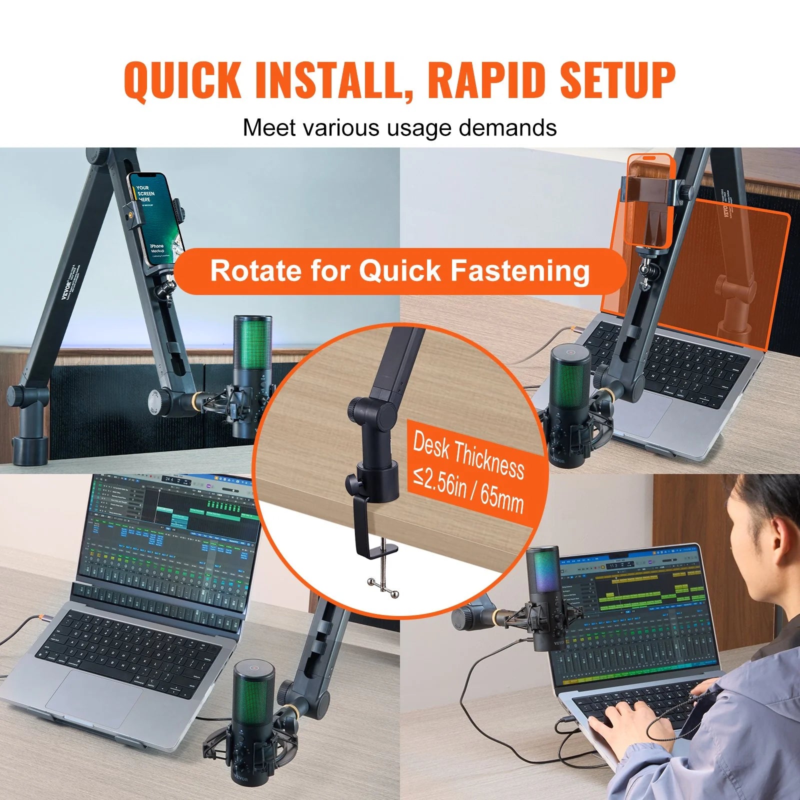 VEVOR Adjustable Microphone Boom Arm with Desk Mount, 360° Rotatable Stand and 3/8 to 5/8 Adapter, Compatible with Blue Yeti, HyperX QuadCast, Blue Snowball, Shure SM7B, and Audio Technica