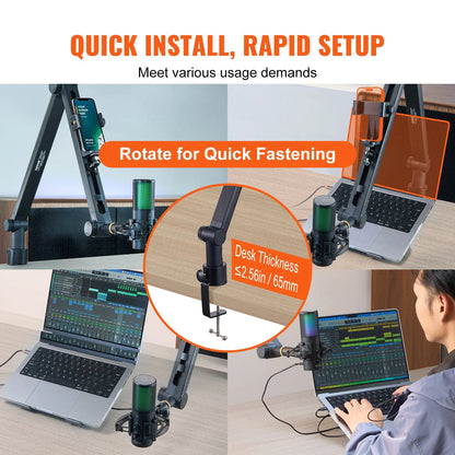 VEVOR Adjustable Microphone Boom Arm with Desk Mount, 360° Rotatable Stand and 3/8 to 5/8 Adapter, Compatible with Blue Yeti, HyperX QuadCast, Blue Snowball, Shure SM7B, and Audio Technica